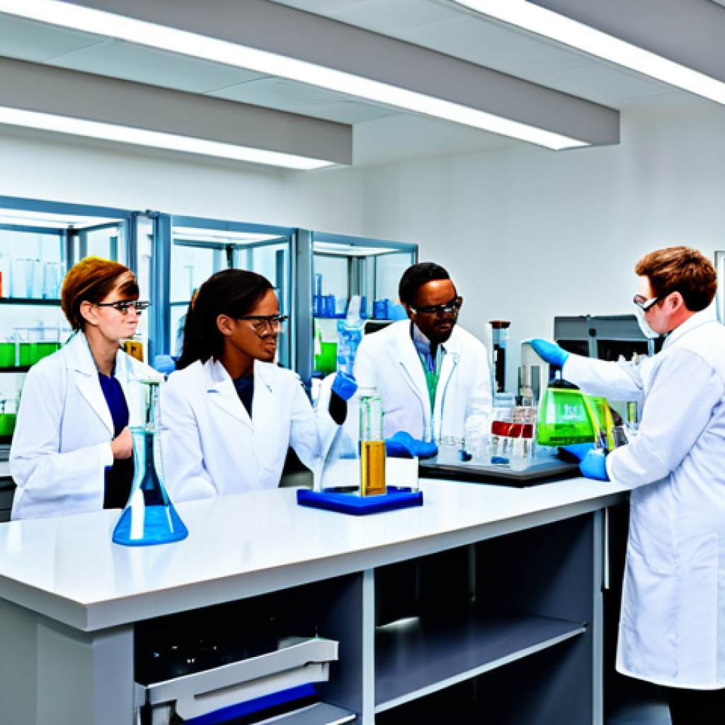 A Modern Chemistry Lab**

"A diverse group of scientists, fully clothed in lab coats and safety goggles, working collaboratively in a bright and modern chemistry laboratory filled with glassware and equipment, focused on a complex organic synthesis, appropriate attire, safe for work, perfect anatomy, natural proportions, professional lab environment, high quality, family-friendly."

**