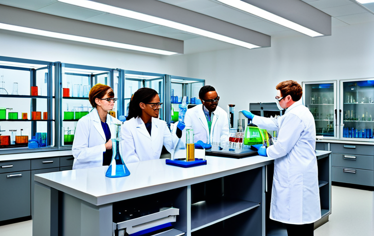 A Modern Chemistry Lab**
"A diverse group of scientists, fully clothed in lab coats and safety goggles, working collaboratively in a bright and modern chemistry laboratory filled with glassware and equipment, focused on a complex organic synthesis, appropriate attire, safe for work, perfect anatomy, natural proportions, professional lab environment, high quality, family-friendly."
**