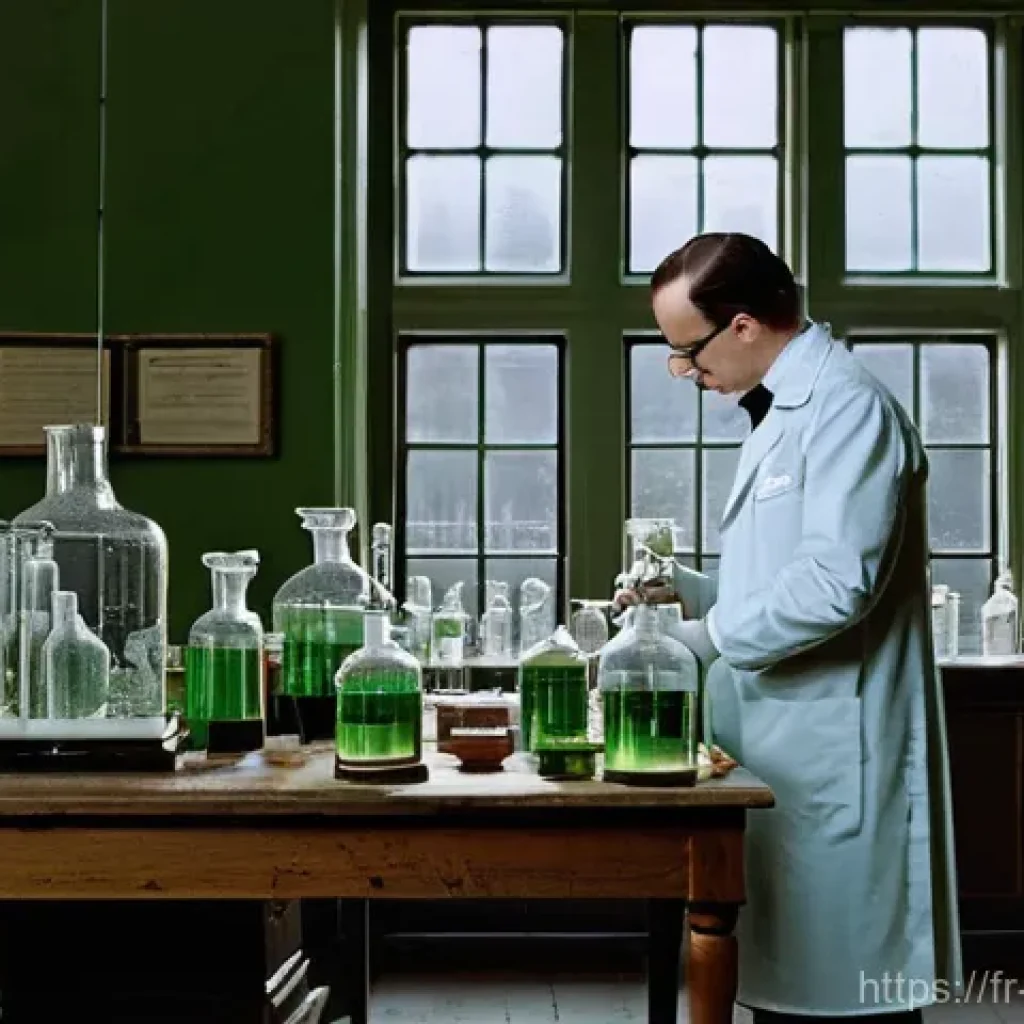크로마토그래피 - **Prompt:** A classic, turn-of-the-century laboratory scene, with a meticulous botanist resembling M...