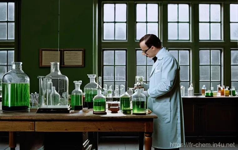 크로마토그래피 - **Prompt:** A classic, turn-of-the-century laboratory scene, with a meticulous botanist resembling M...