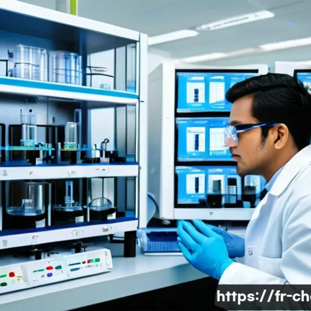 분석화학 - A modern pharmaceutical laboratory setting showcasing a scientist in a white lab coat operating a hi...