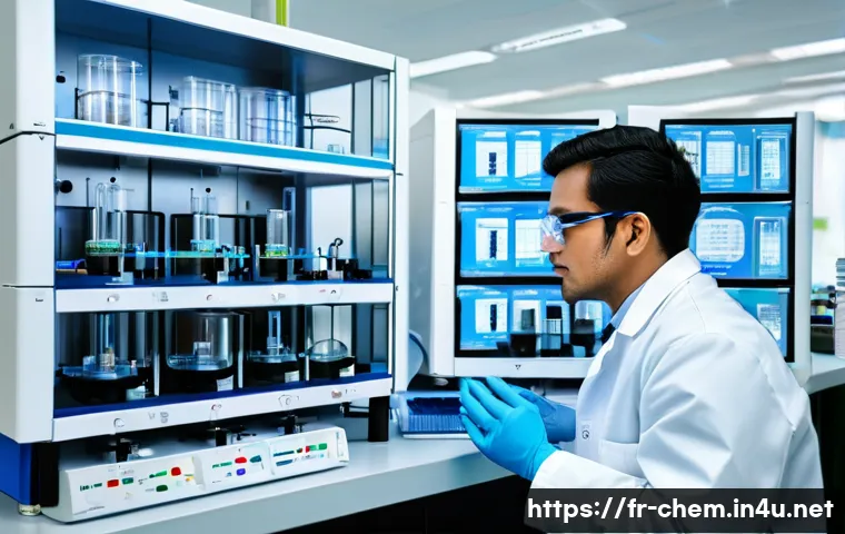 분석화학 - A modern pharmaceutical laboratory setting showcasing a scientist in a white lab coat operating a hi...