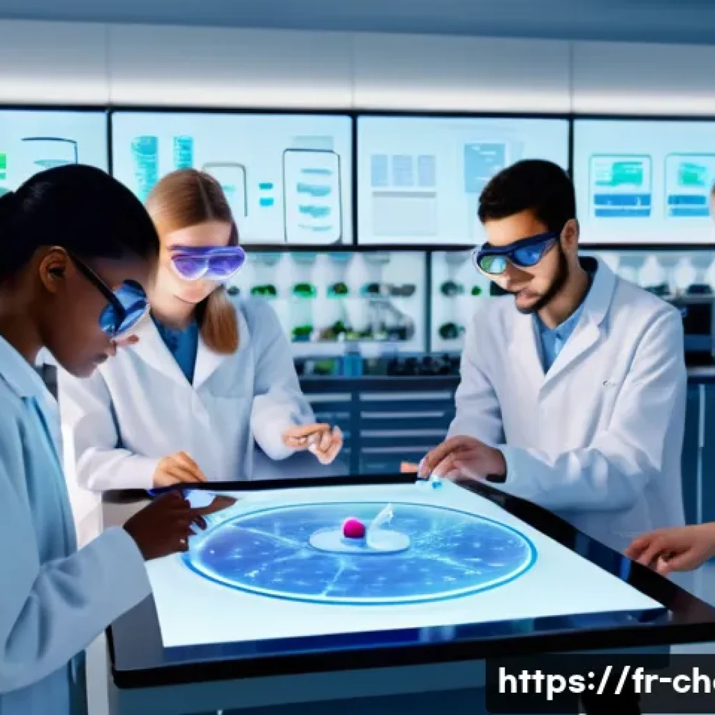 화학 교육의 디지털화 - A modern virtual chemistry laboratory scene showing a diverse group of French high school students i...