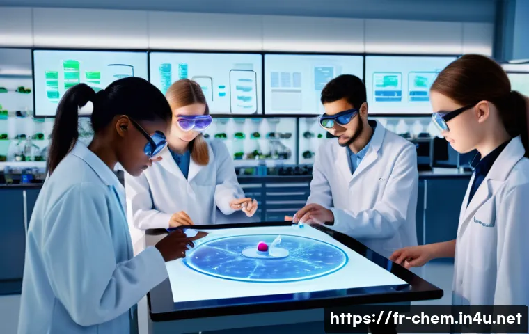 화학 교육의 디지털화 - A modern virtual chemistry laboratory scene showing a diverse group of French high school students i...
