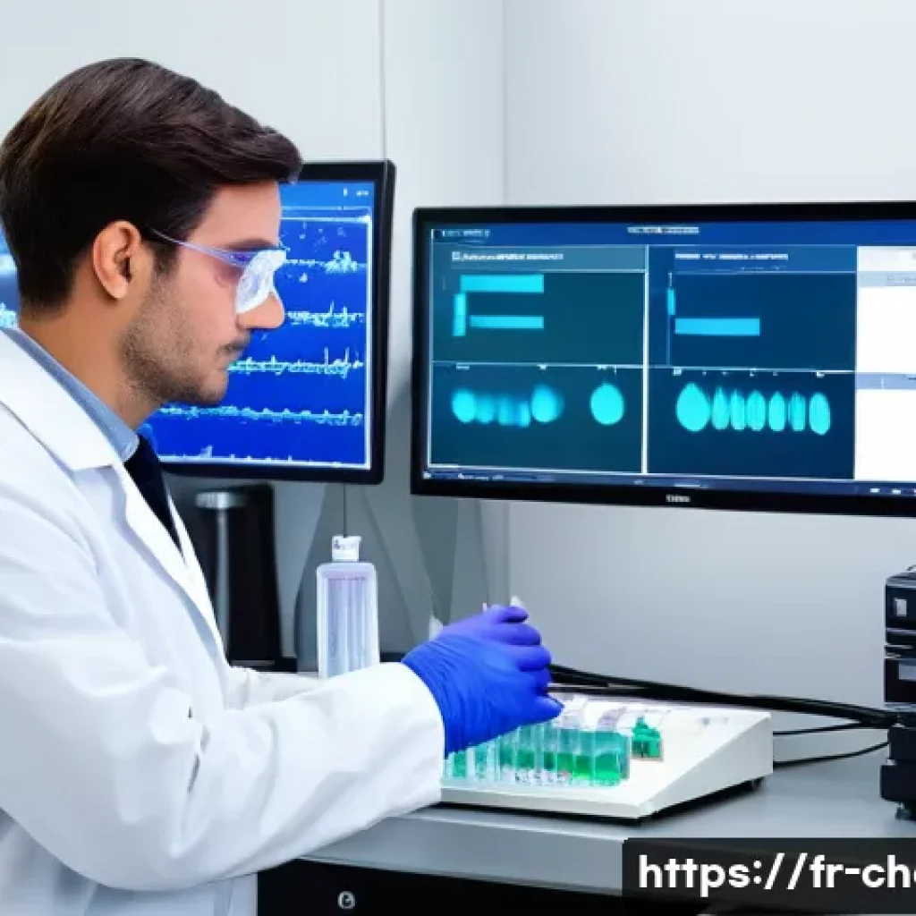 물질의 정량 분석 - A modern pharmaceutical laboratory scene showcasing a scientist in a clean white lab coat using a hi...