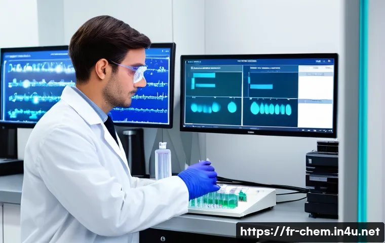 물질의 정량 분석 - A modern pharmaceutical laboratory scene showcasing a scientist in a clean white lab coat using a hi...