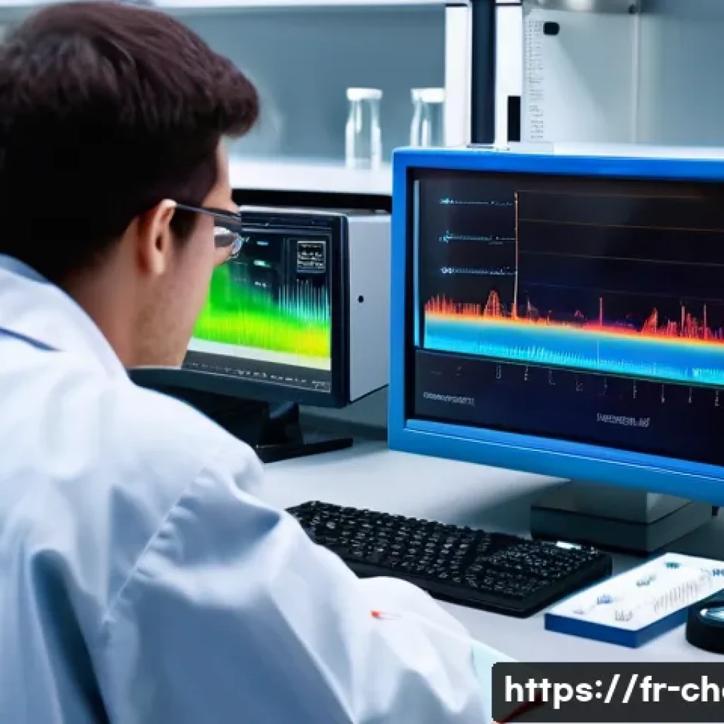분광학의 기본 원리 - A detailed scientific laboratory scene showcasing an advanced infrared spectrometer in use by a prof...