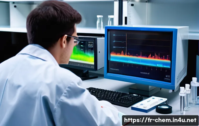 분광학의 기본 원리 - A detailed scientific laboratory scene showcasing an advanced infrared spectrometer in use by a prof...