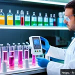 화학 평형 실험 - A detailed scientific laboratory scene showing a chemist in a modern French laboratory carefully adj...