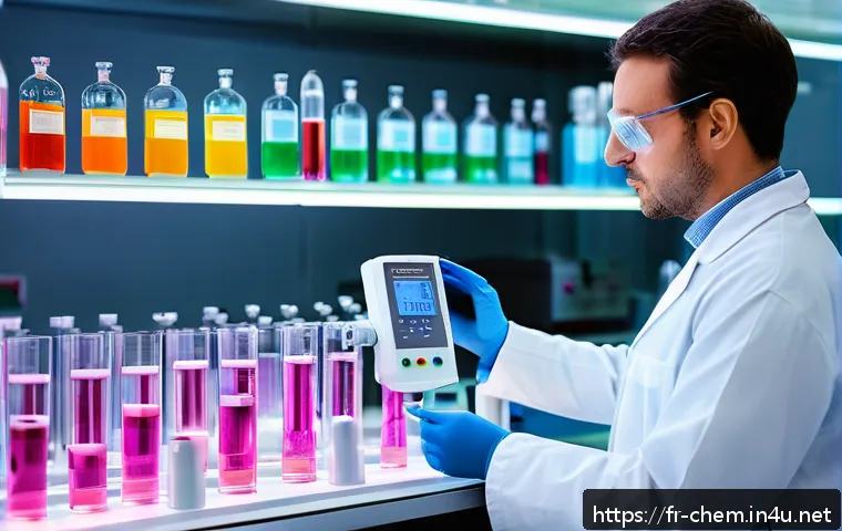 화학 평형 실험 - A detailed scientific laboratory scene showing a chemist in a modern French laboratory carefully adj...