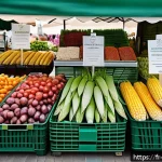 화학과 환경 보호 - A vibrant French farmer&rsquo;s market scene in &Icirc;le-de-France, showcasing a variety of bioplastic packagin...