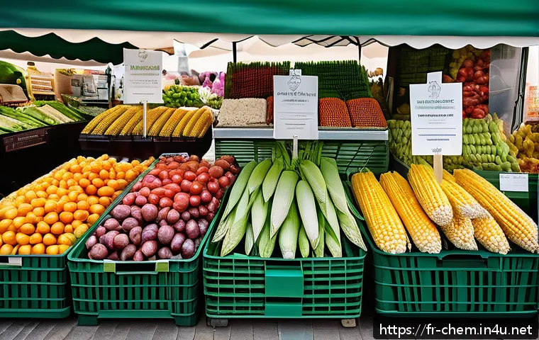 화학과 환경 보호 - A vibrant French farmer’s market scene in Île-de-France, showcasing a variety of bioplastic packagin...