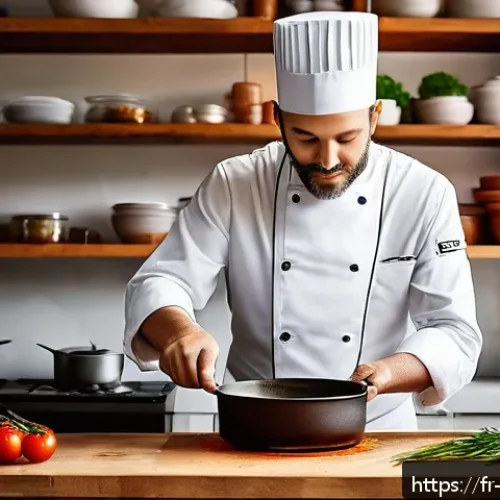 염기와 산 - A cozy, modern French kitchen scene showing a chef carefully balancing flavors in a tomato sauce&mdash;add...