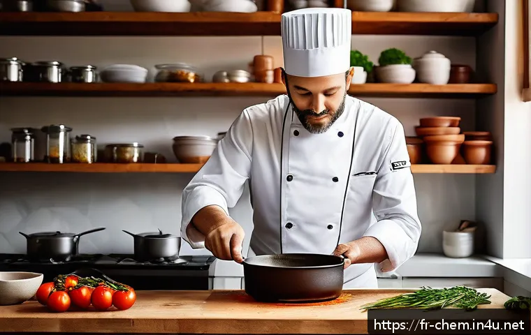 염기와 산 - A cozy, modern French kitchen scene showing a chef carefully balancing flavors in a tomato sauce—add...