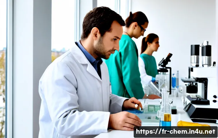 화학 연구 동향 - Photorealistic contemporary chemistry research laboratory in France, diverse French scientists in cl...