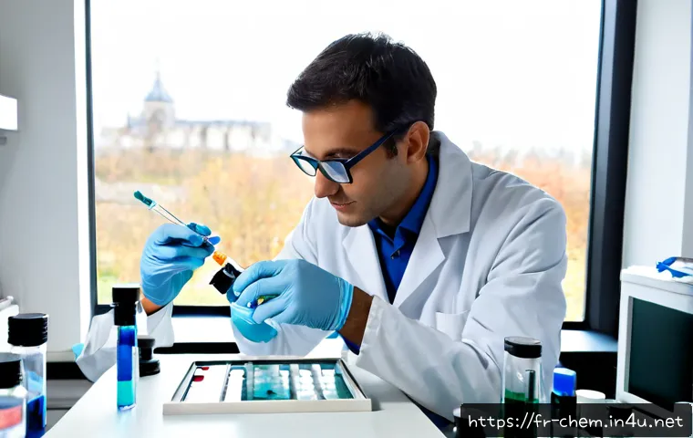 재료 화학 - Photorealistic materials chemistry laboratory in France, a scientist in a white lab coat and protect...