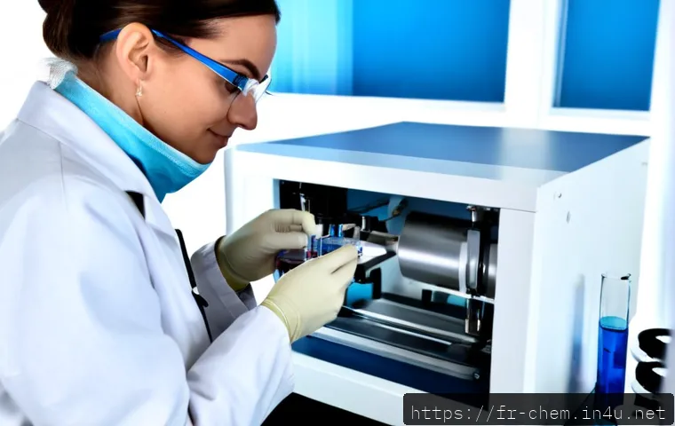 Home 17 질량 분석법 - Photorealistic modern analytical chemistry laboratory in France, close-up of a sleek mass spectromet...