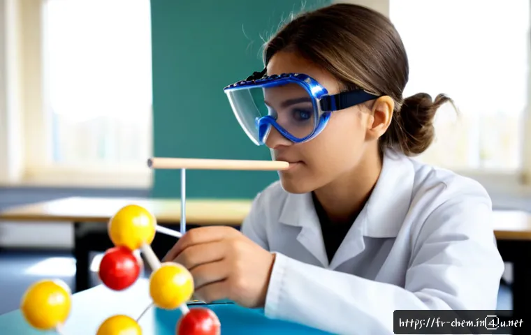 Home 17 화학 결합의 이론 - Photorealistic close-up of a French university chemistry student wearing safety goggles, carefully a...